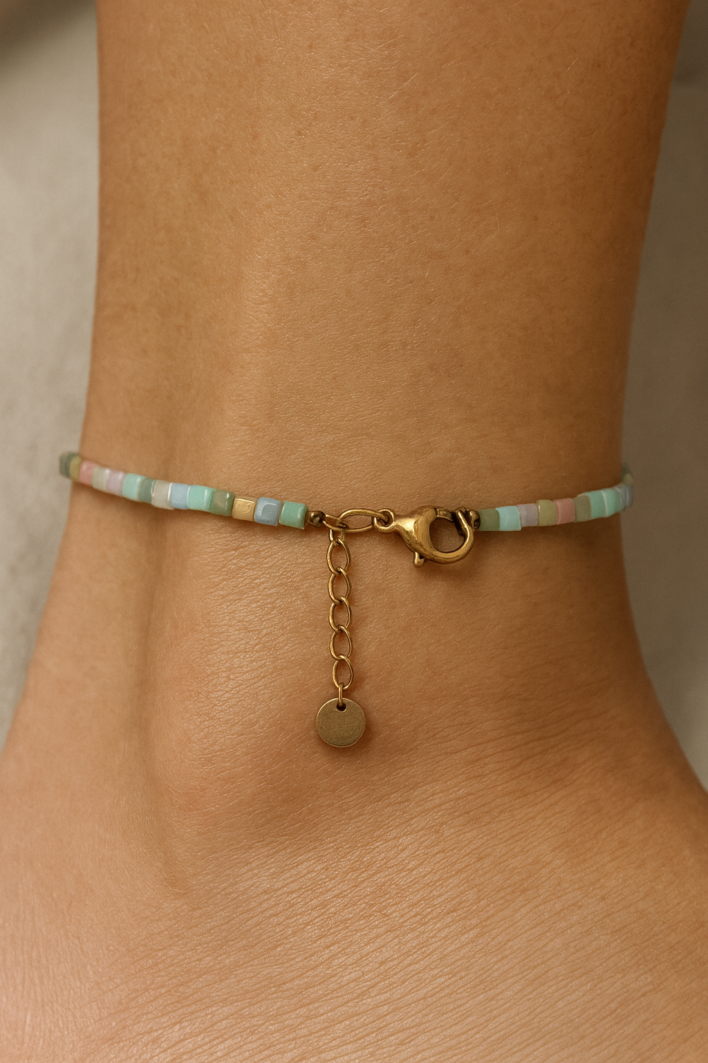 Glass Cubic Bead Bracelet Anklet – Gold Stainless Steel – Dainty Layering Jewelry – Adjustable & Tarnish-Resistant