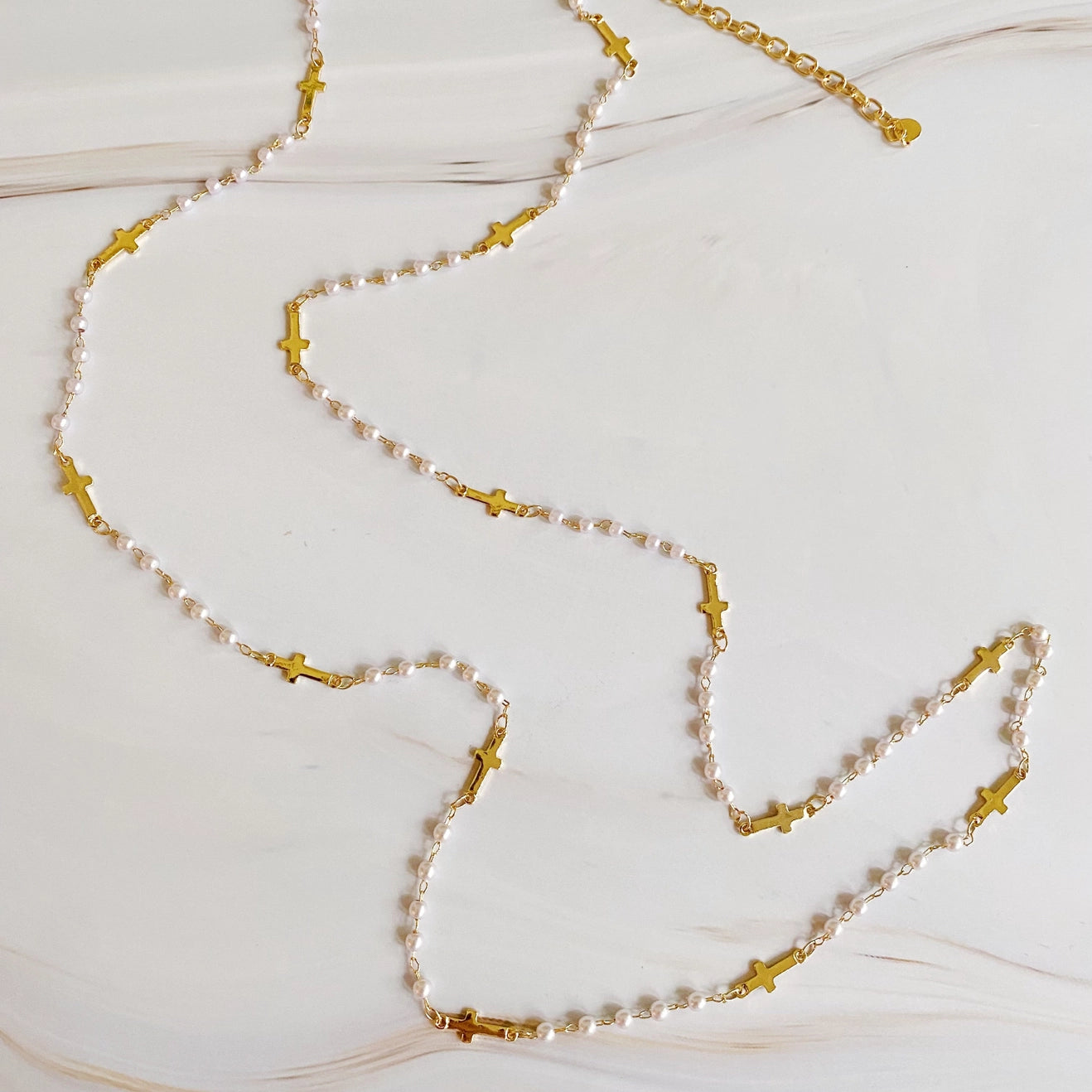 Pearls & Crosses Long Layering Necklace | Faith-Inspired Gold Plated Jewelry | 32” Adjustable Chain