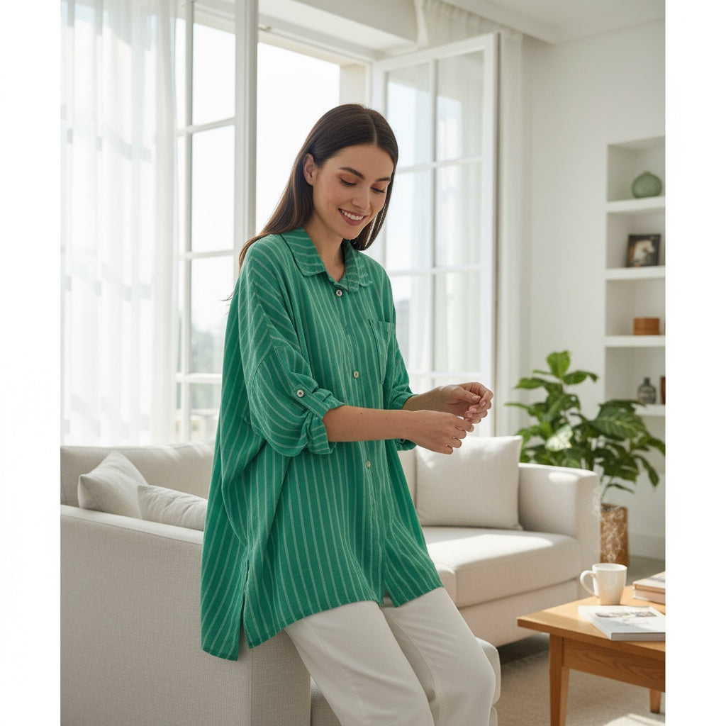 Striped Oversized Linen Shirt – Turquoise Button Down – Lightweight Summer Top – Coastal Style – Breathable Beach Shirt – Unisex Fit