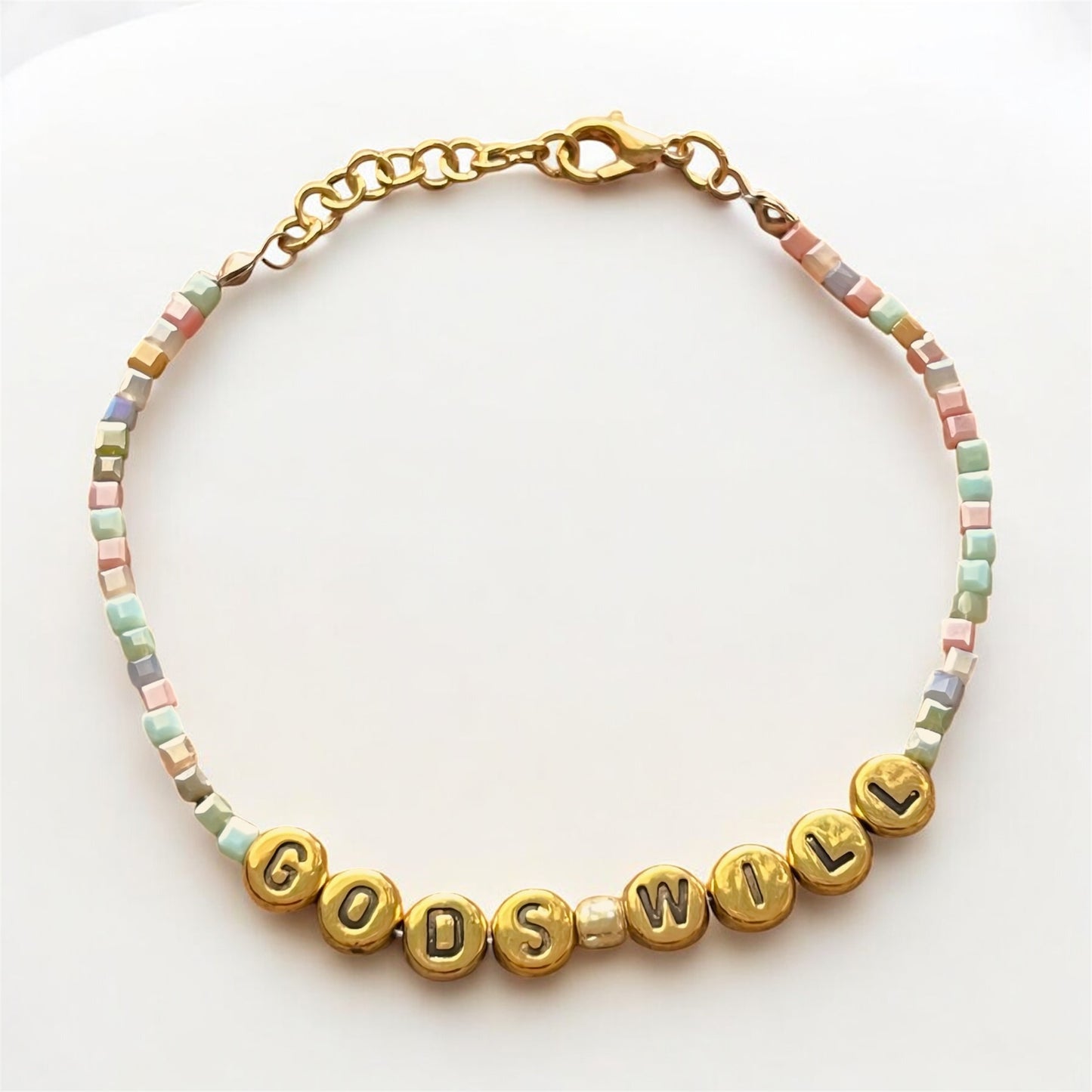 "Gods Will Glass Beaded Bracelet – Earth Tones with Gold Letter Beads | 18K Gold Plated, Adjustable, Custom Sizes (Copy)