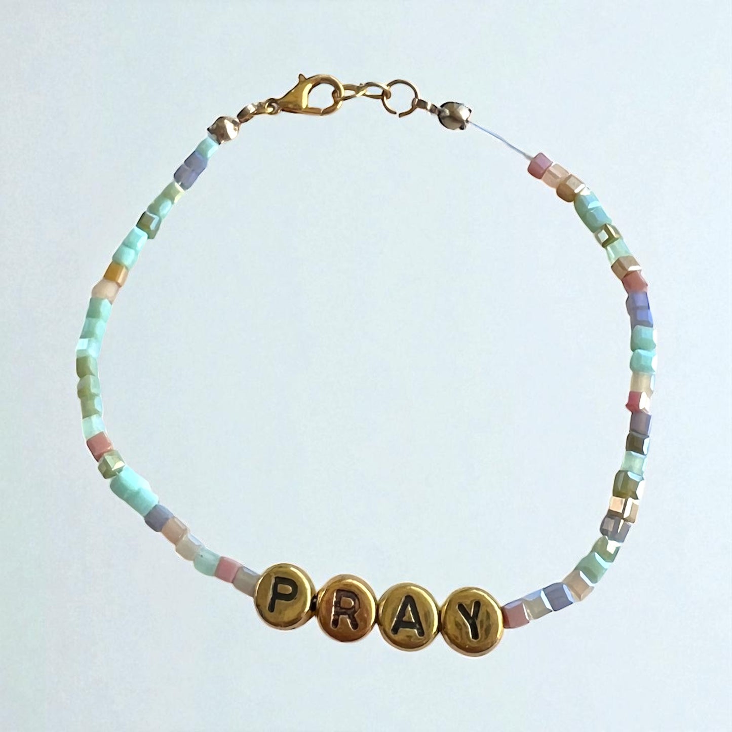 "Pray" Glass Beaded Bracelet – Earth Tones with Gold Letter Beads | 18K Gold Plated, Adjustable, Custom Sizes