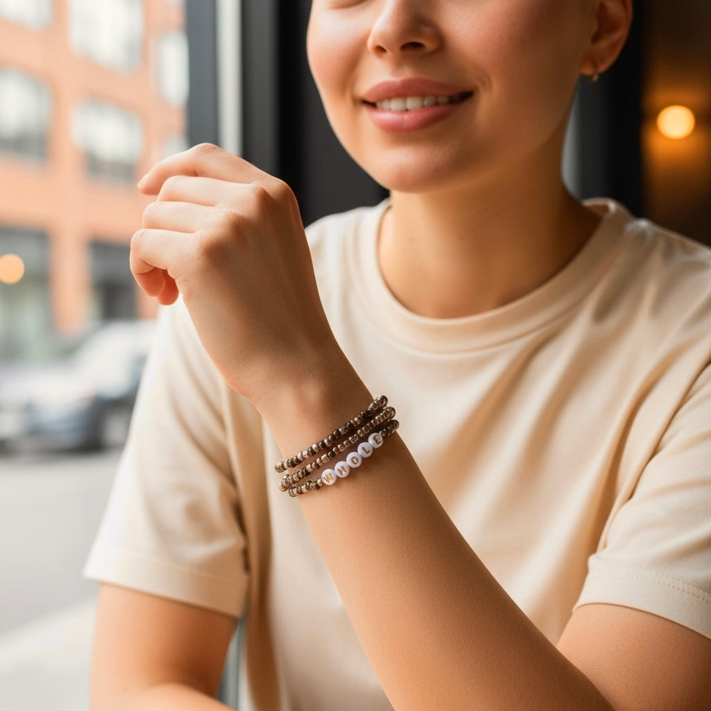 "Whole" 3-Piece Bracelet Set – Gold & Brown Glass Beads with Letter Beads | Elastic Stack, Elegant & Minimal