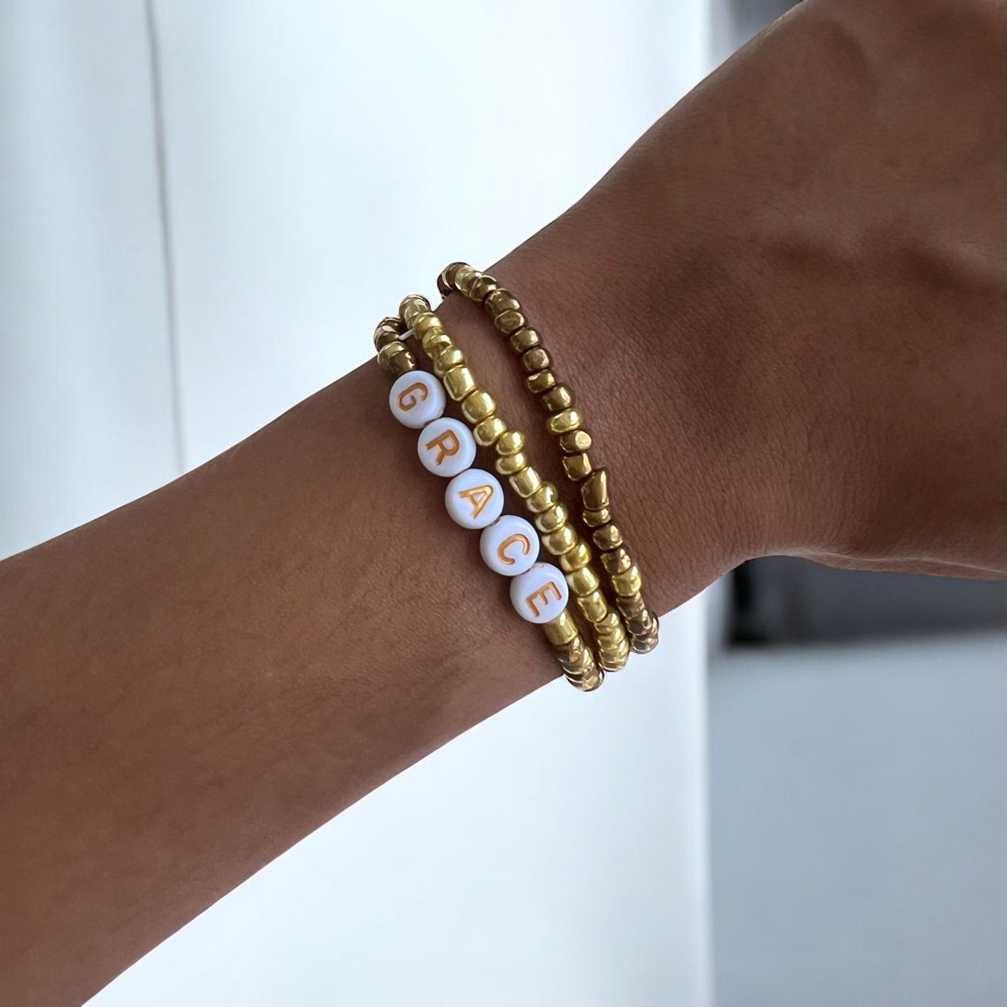 "Grace" 3-Piece Bracelet Set – Gold & Bronze Glass Beads with Letter Beads | 6.5-Inch Stack, custom sizes Elegant & Minimal