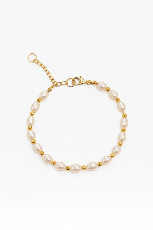 Oval Pearl & Stainless Steel Bracelet – 18K Gold-Plated – 7” Elegant Classic Jewelry