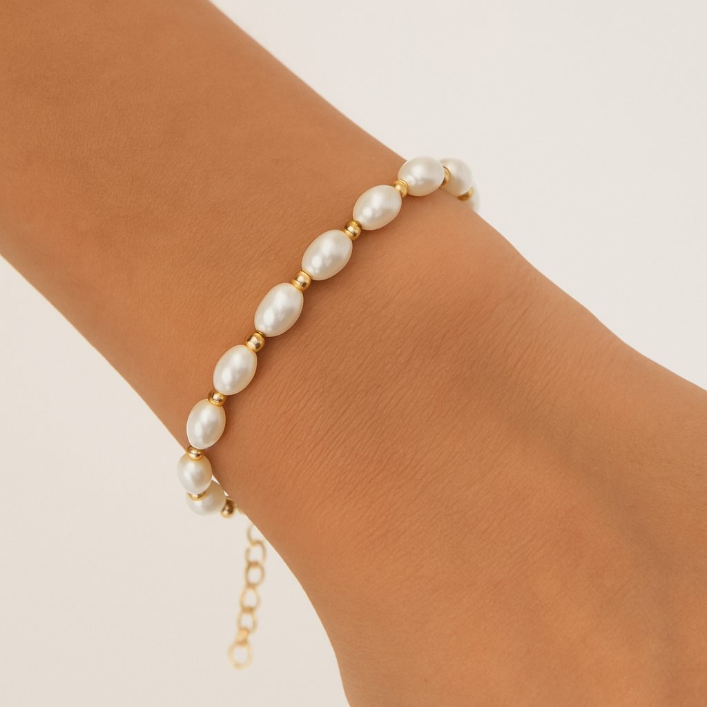 Oval Pearl & Stainless Steel Bracelet – 18K Gold-Plated – 7” Elegant Classic Jewelry