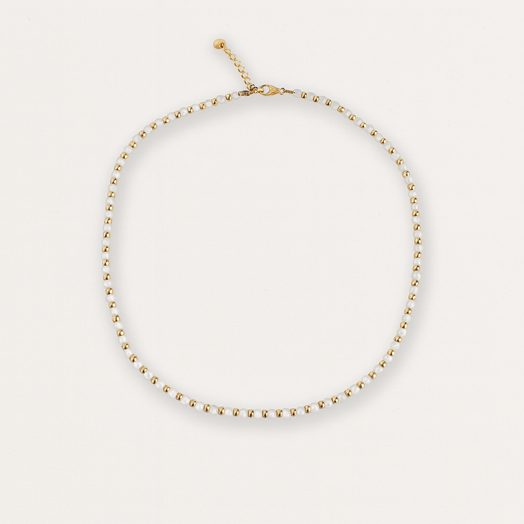 Freshwater Shell Choker – 16" Round Beads with Gold Stainless Steel Spacers – Extender & Pendant – Minimalist Collarbone Necklace