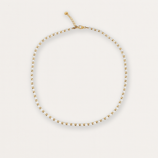 Freshwater Shell Choker – 16" Round Beads with Gold Stainless Steel Spacers – Extender & Pendant – Minimalist Collarbone Necklace