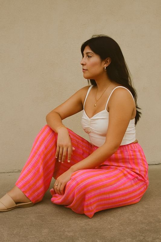 Fuchsia & Orange Wide Fit Cotton Pants – Elastic Waistband – Spring/Summer Essential – Made in Italy – Lightweight & Comfortable