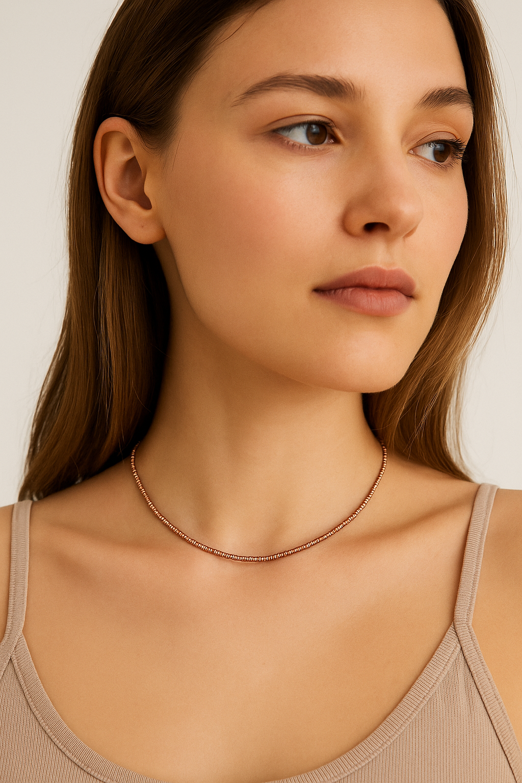 Rose Gold Miyuki Glass Bead Choker – 2mm  16" Minimalist Coastal Necklace – Stainless Steel Clasp