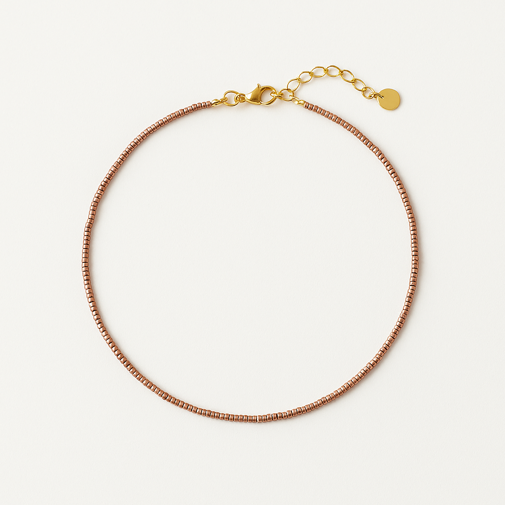 Rose Gold Miyuki Glass Bead Choker – 2mm  16" Minimalist Coastal Necklace – Stainless Steel Clasp