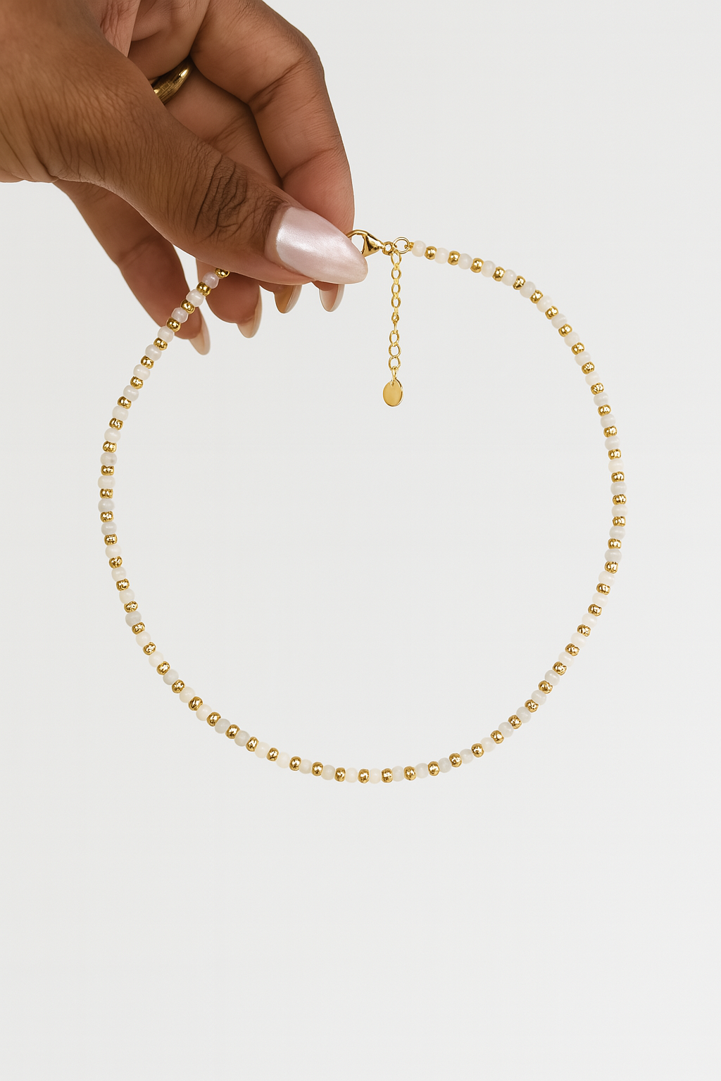 Freshwater Shell Choker – 16" Round Beads with Gold Stainless Steel Spacers – Extender & Pendant – Minimalist Collarbone Necklace