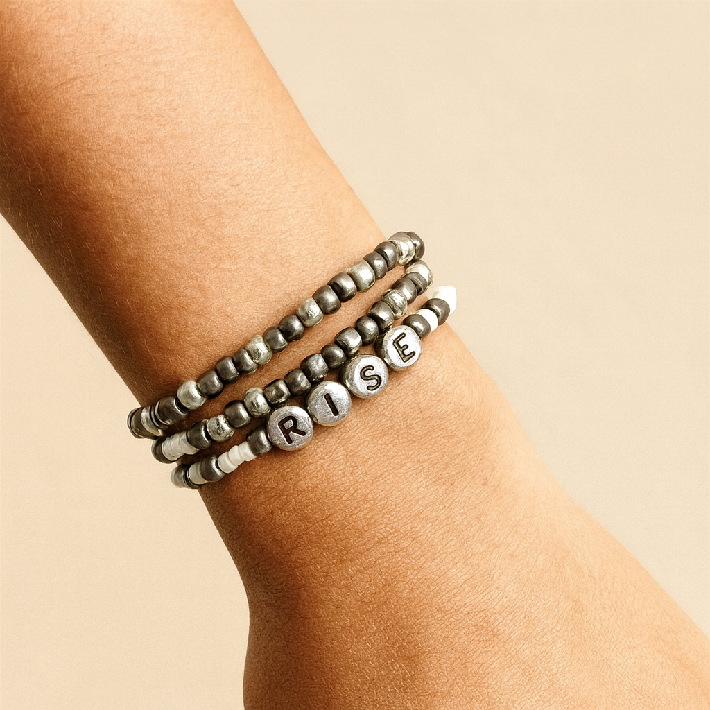 "Rise" 3-Piece Bracelet Stack – Gunmetal & Silver Glass Beads with Acrylic Letter Beads | 6.5-Inch Elastic Set