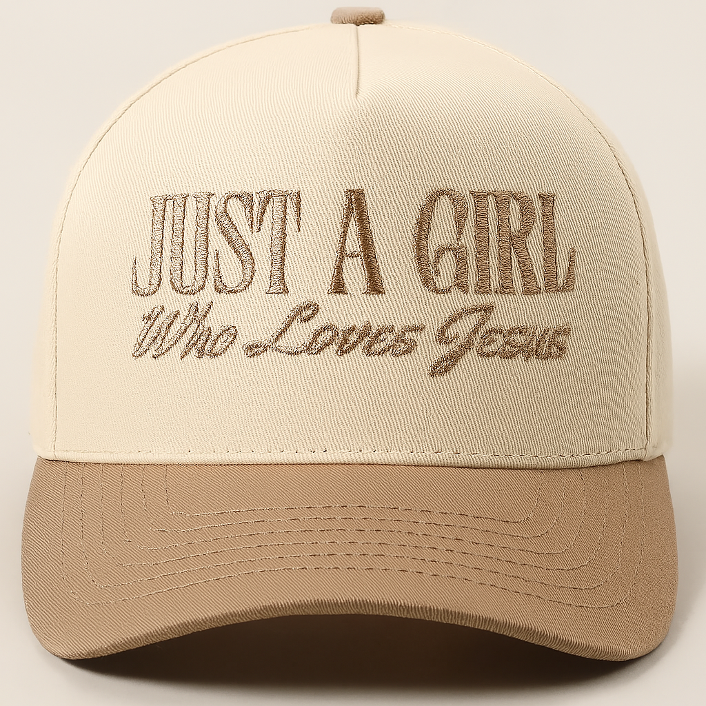 Just A Girl Who Loves Jesus Trucker Hat – Beige & Light Brown Faith Cap | Christian Embroidered Hat | Inspirational Jesus Baseball Hat | Unisex Adjustable