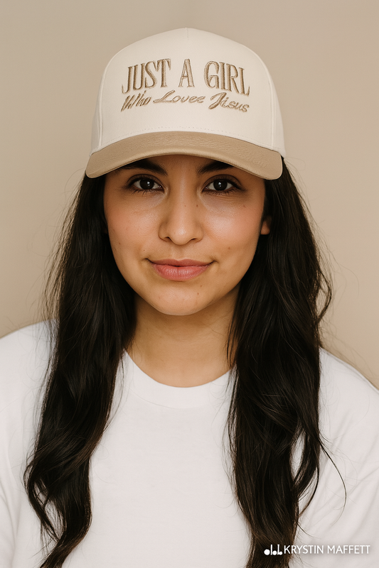 Just A Girl Who Loves Jesus Trucker Hat – Beige & Light Brown Faith Cap | Christian Embroidered Hat | Inspirational Jesus Baseball Hat | Unisex Adjustable