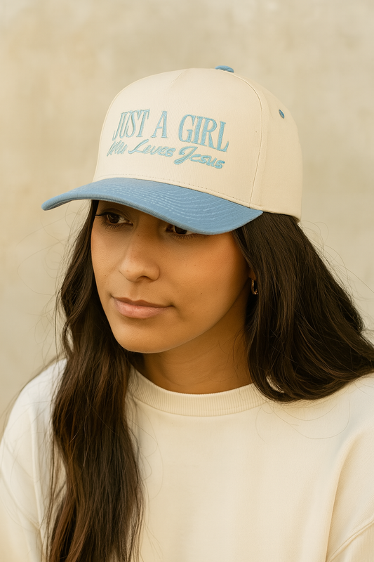 Just A Girl Who Loves Jesus Trucker Hat – Beige & Light Blue Faith Cap | Christian Embroidered Hat | Inspirational Jesus Baseball Hat | Unisex Adju
