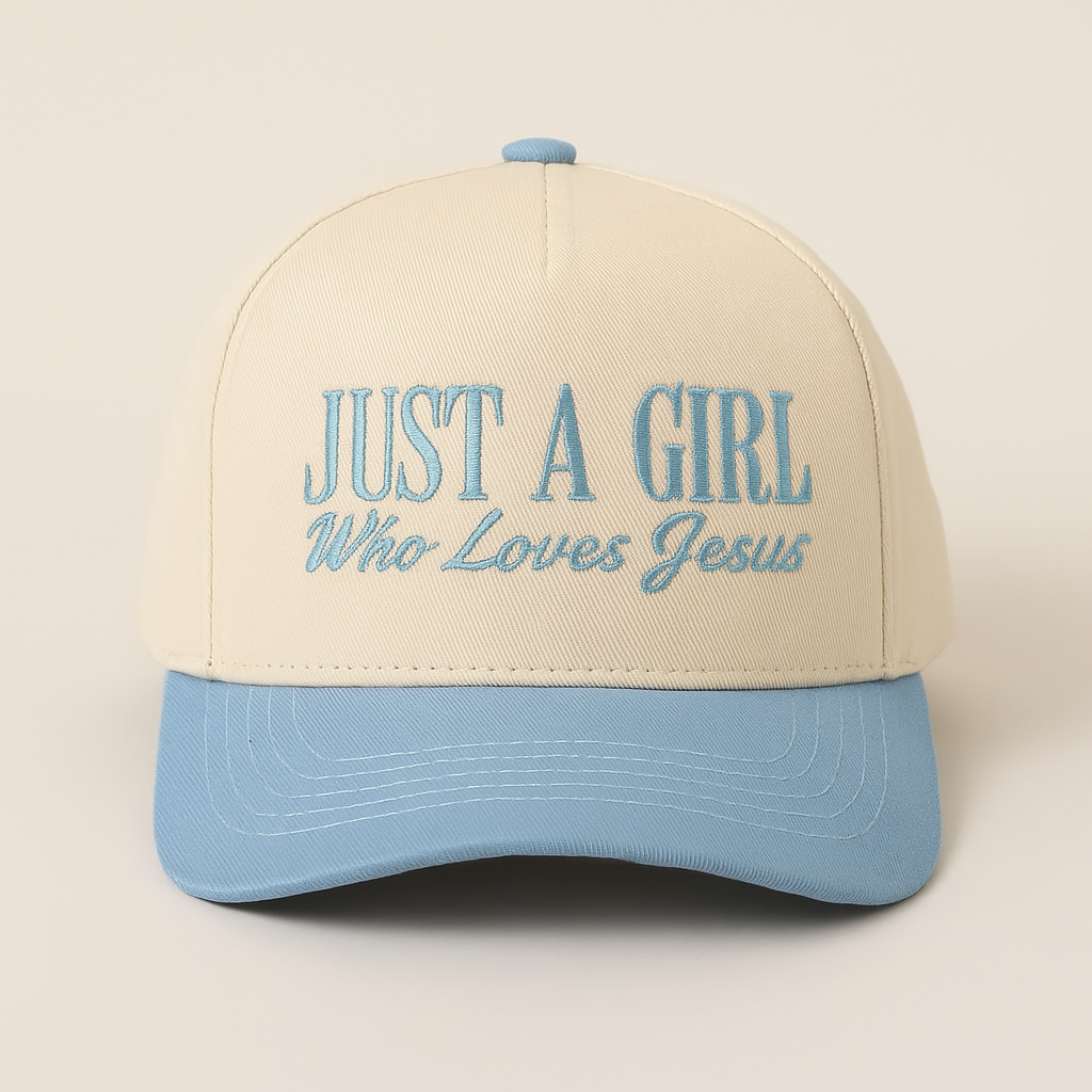 Just A Girl Who Loves Jesus Trucker Hat – Beige & Light Blue Faith Cap | Christian Embroidered Hat | Inspirational Jesus Baseball Hat | Unisex Adju