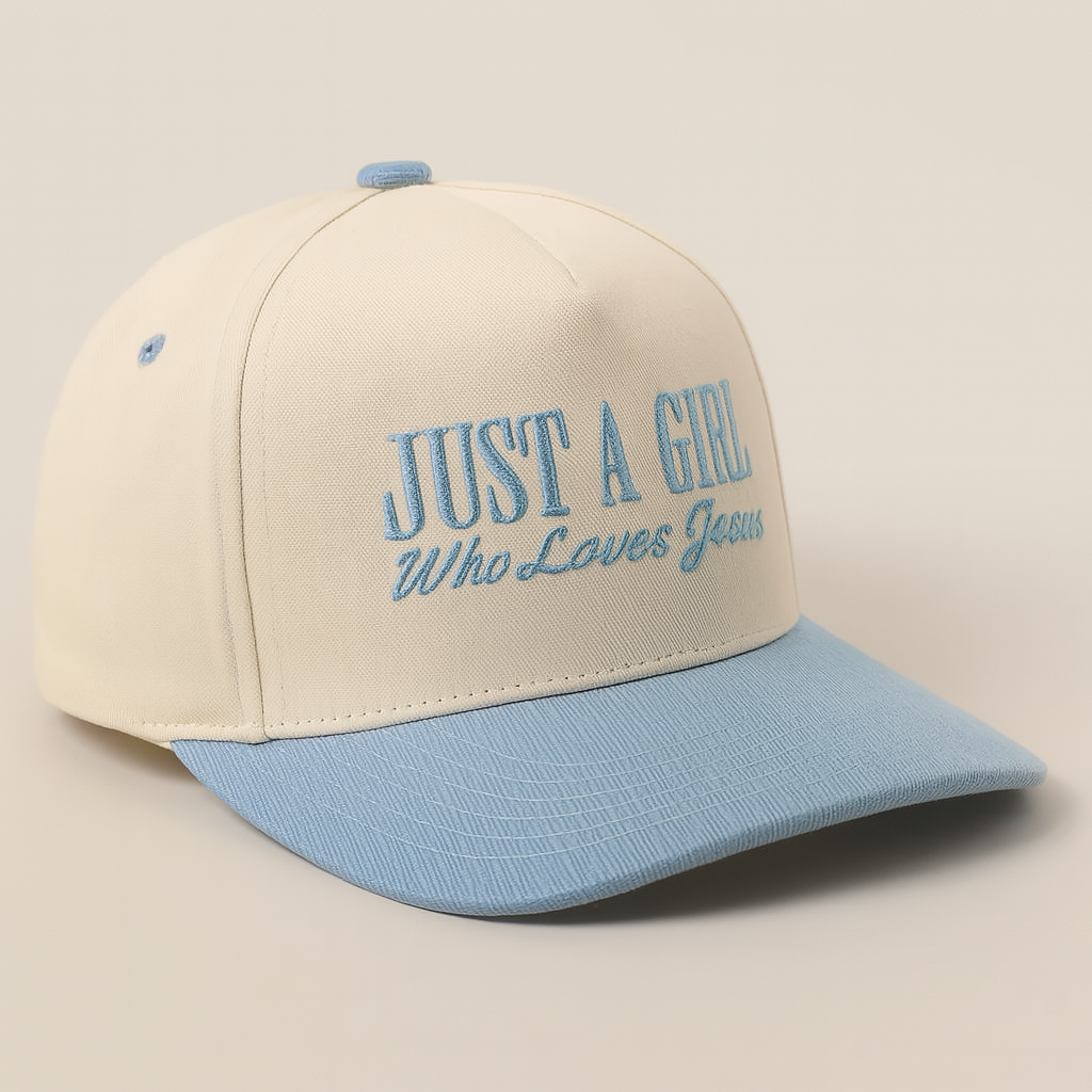 Just A Girl Who Loves Jesus Trucker Hat – Beige & Light Blue Faith Cap | Christian Embroidered Hat | Inspirational Jesus Baseball Hat | Unisex Adju