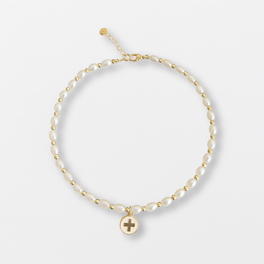 Gold Choker Necklace – Enamel Charm & Oval Acrylic Pearls – 16" + 1" Extender – Stainless Steel – Customizable & Tarnish-Resistant