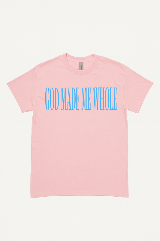 Wholeness Tee - Oversized Pink Faith Shirt – “God Made Me Whole” in Bright Blue Textured Vinyl