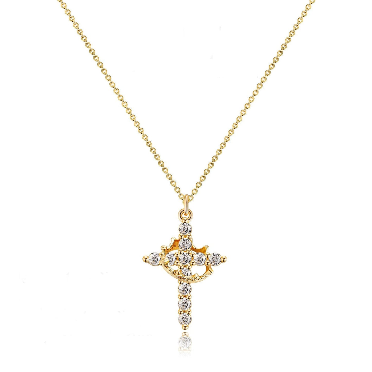 18K Gold Daughter of the King Necklace – Rotating Crown & Cubic Zirconia Cross Pendant for Women