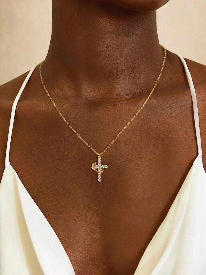 18K Gold Daughter of the King Necklace – Rotating Crown & Cubic Zirconia Cross Pendant for Women