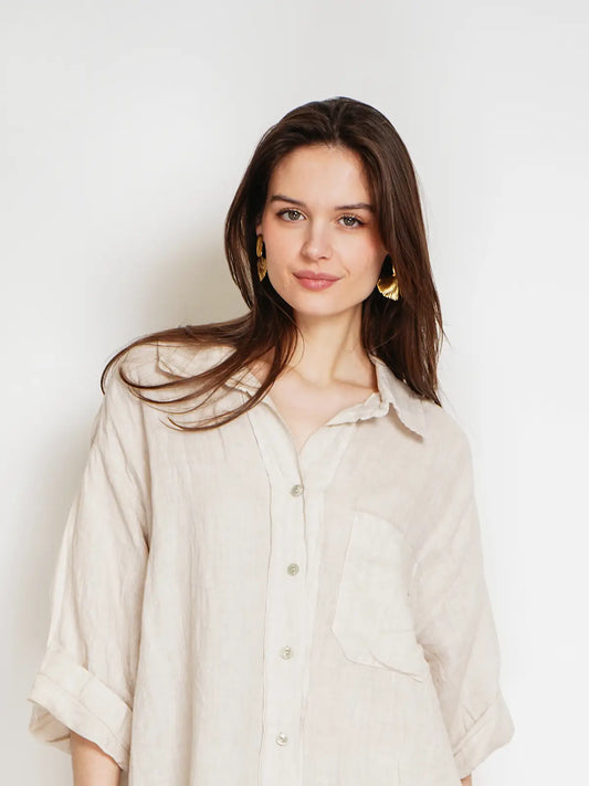 Beige Ivory Linen Shirt – Button Down with Pocket – Spring/Summer Essential – Made in Italy – Breathable & Lightweight