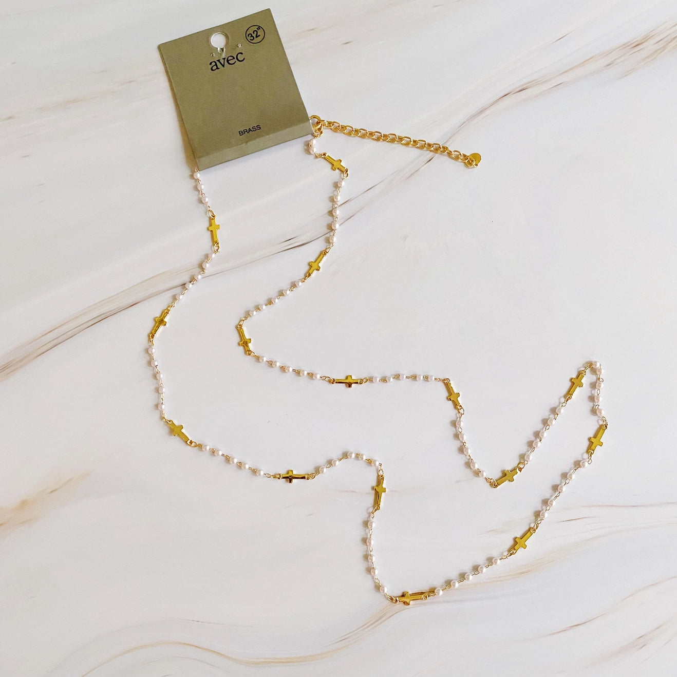 Pearls & Crosses Long Layering Necklace | Faith-Inspired Gold Plated Jewelry | 32” Adjustable Chain