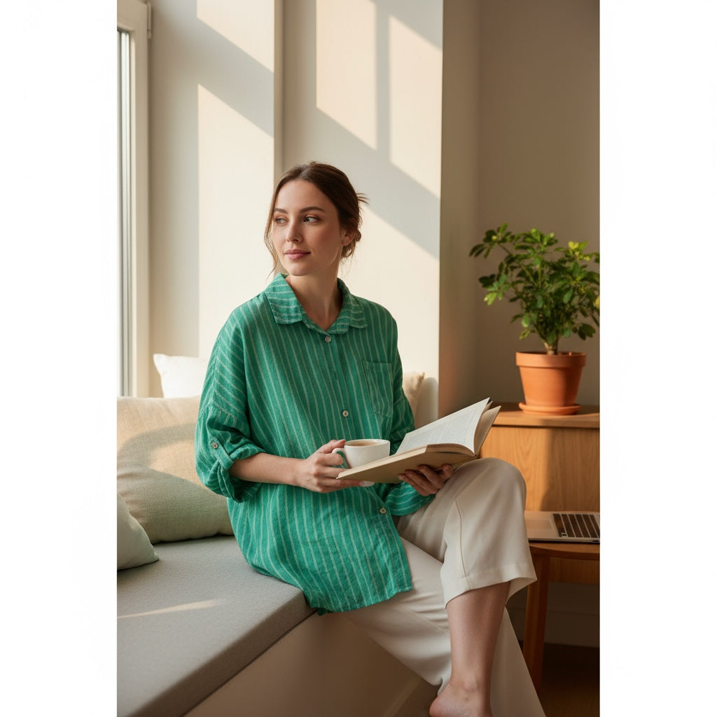 Striped Oversized Linen Shirt – Turquoise Button Down – Lightweight Summer Top – Coastal Style – Breathable Beach Shirt – Unisex Fit