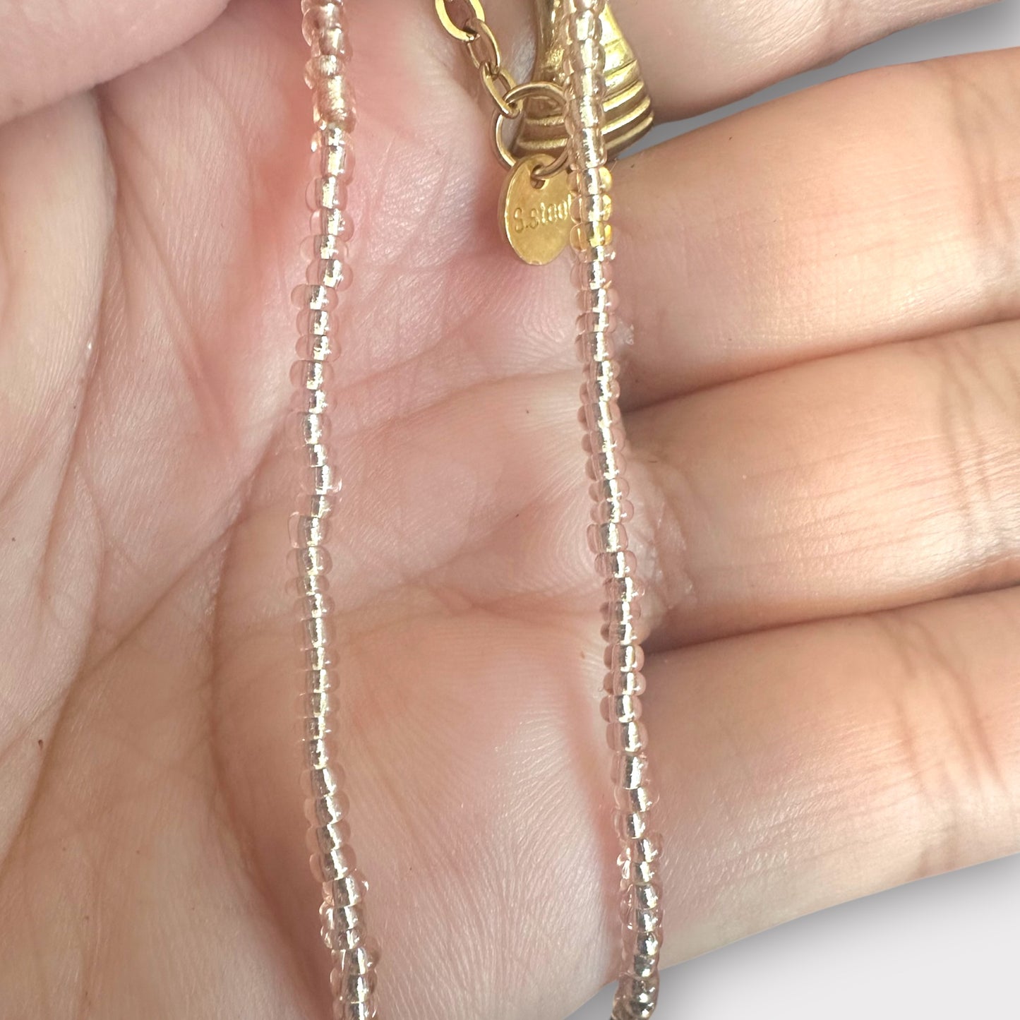 Clear Miyuki Glass Bead Choker – 2mm Pink Translucent – 16" Minimalist Coastal Necklace – Stainless Steel Clasp