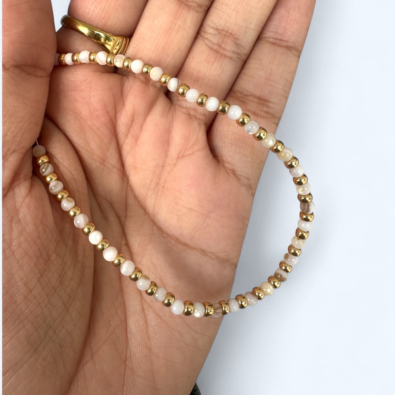 Freshwater Shell Choker – 16" Round Beads with Gold Stainless Steel Spacers – Extender & Pendant – Minimalist Collarbone Necklace