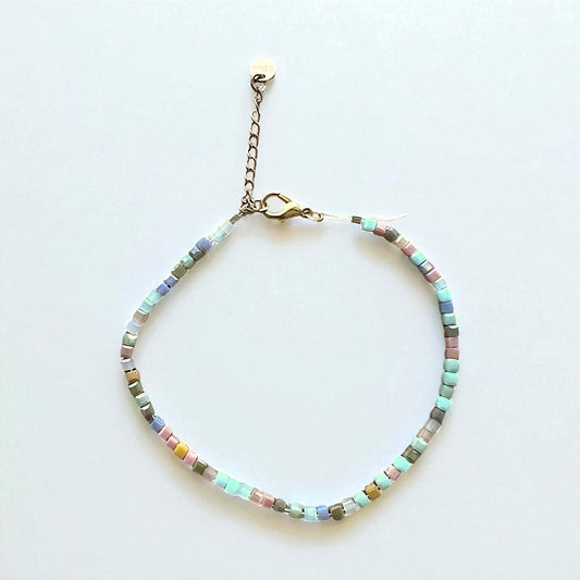 Glass Cubic Bead Bracelet Anklet – Gold Stainless Steel – Dainty Layering Jewelry – Adjustable & Tarnish-Resistant