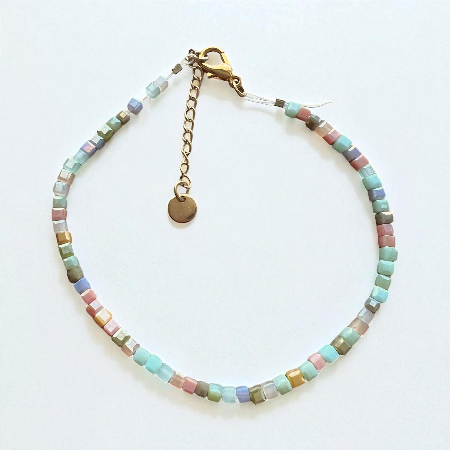 Glass Cubic Bead Bracelet Anklet – Gold Stainless Steel – Dainty Layering Jewelry – Adjustable & Tarnish-Resistant