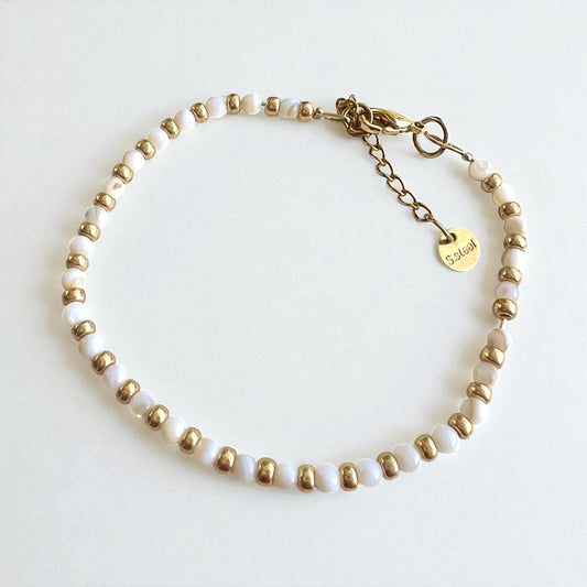 Freshwater Shell & Stainless Steel Beaded Bracelet – Gold Wire Detail, 6.75-Inch with 1-Inch Extension Custom Size