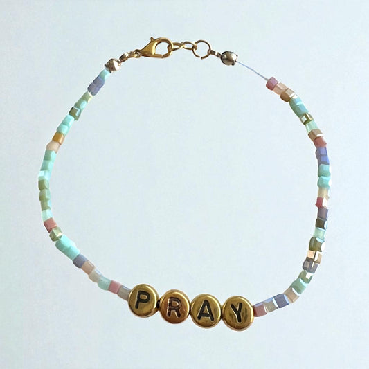 "Pray" Glass Beaded Bracelet – Earth Tones with Gold Letter Beads | 18K Gold Plated, Adjustable, Custom Sizes