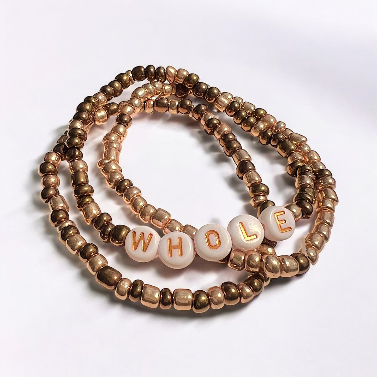 "Whole" 3-Piece Bracelet Set – Gold & Brown Glass Beads with Letter Beads | Elastic Stack, Elegant & Minimal