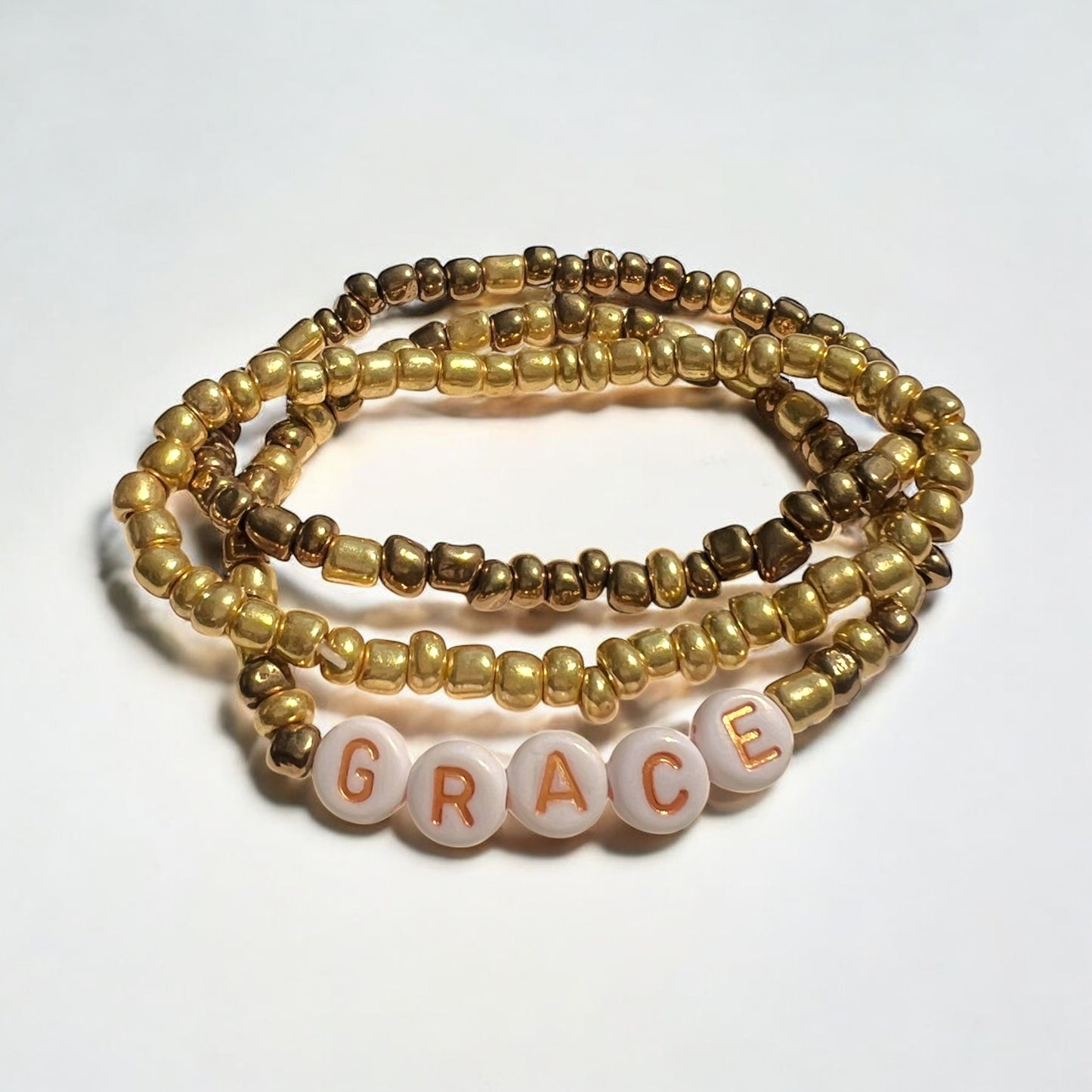 "Grace" 3-Piece Bracelet Set – Gold & Bronze Glass Beads with Letter Beads | 6.5-Inch Stack, custom sizes Elegant & Minimal
