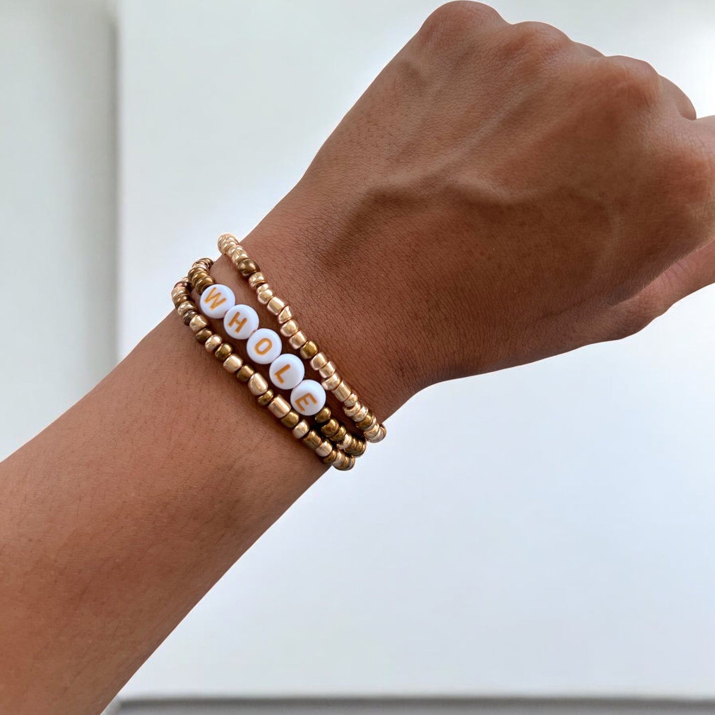 "Grace" 3-Piece Bracelet Set – Gold & Bronze Glass Beads with Letter Beads | 6.5-Inch Stack, custom sizes Elegant & Minimal