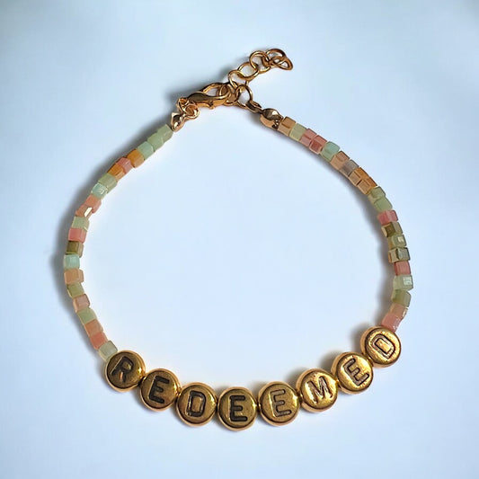 "Redeemed" Glass Beaded Bracelet – Earth Tones with Gold Letter Beads | 18K Gold Plated, Adjustable, Custom Sizes