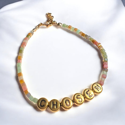 "Chosen" Glass Beaded Bracelet – Earth Tones with Gold Letter Beads | 18K Gold Plated, Adjustable, Custom Sizes