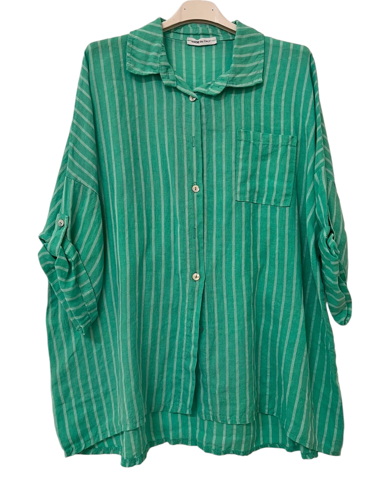 Striped Oversized Linen Shirt – Turquoise Button Down – Lightweight Summer Top – Coastal Style – Breathable Beach Shirt – Unisex Fit