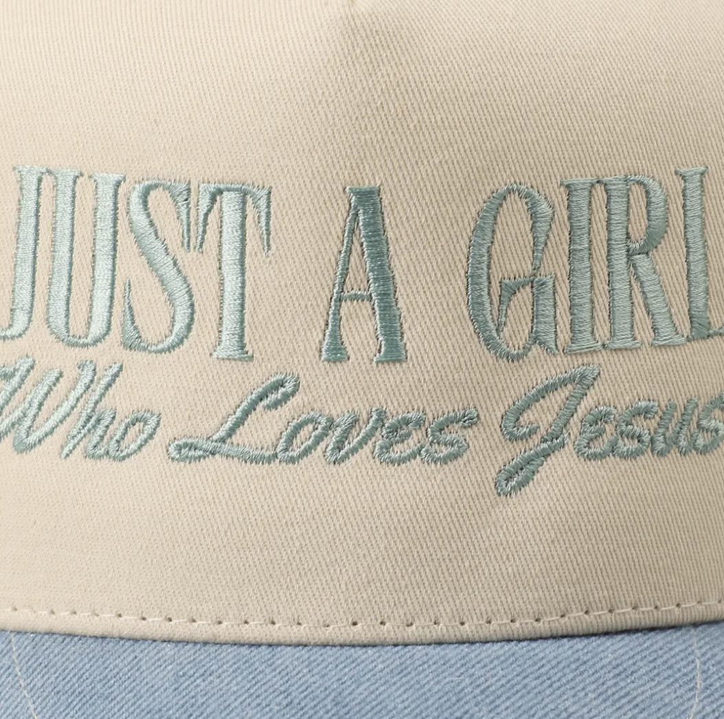 Just A Girl Who Loves Jesus Trucker Hat – Beige & Light Blue Faith Cap | Christian Embroidered Hat | Inspirational Jesus Baseball Hat | Unisex Adju